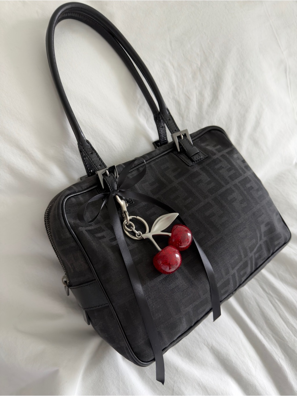 authentic Vintage Black Fendi Zuccino Shoulder Bag